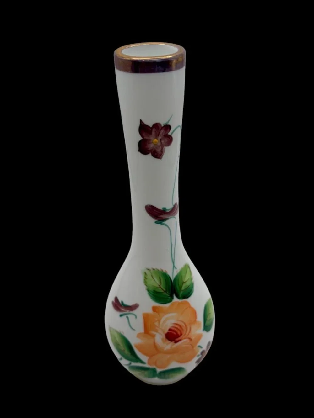 Vintage Hand Painted White Opaline Bud Vase Floral Enamel Glass Vase Gold Rim 8
